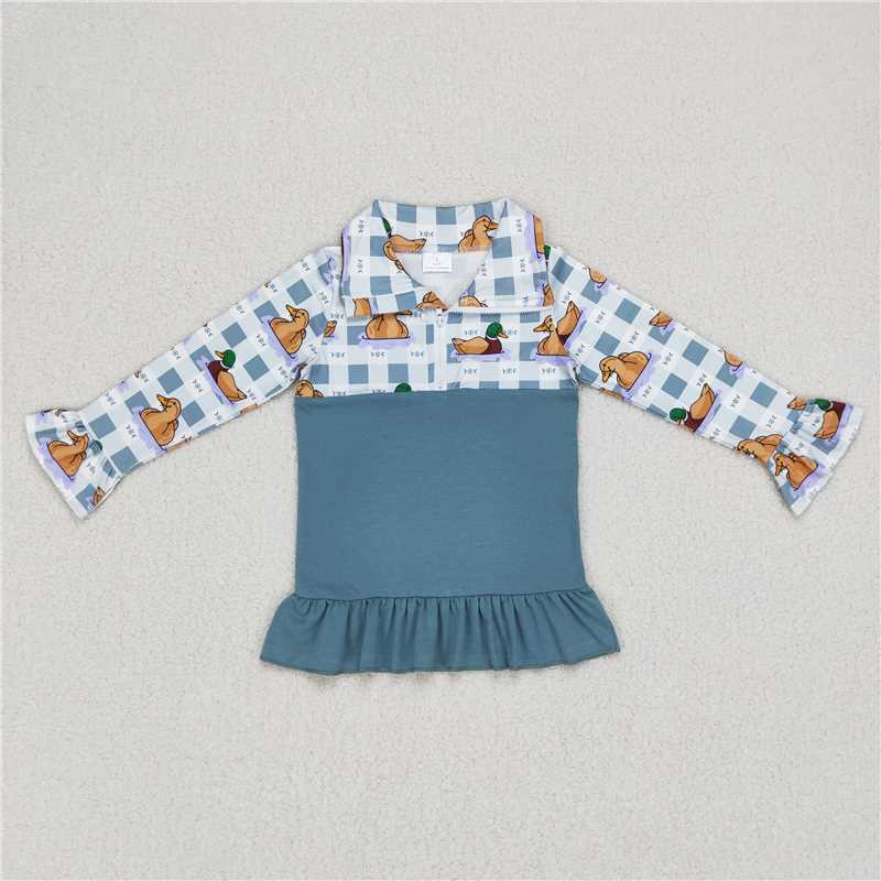 5.22 RTS NO MOQ Baby Girls Long Sleeve GT0308 Fall Duck Blue Checkered Ruffle Pullovers Tops