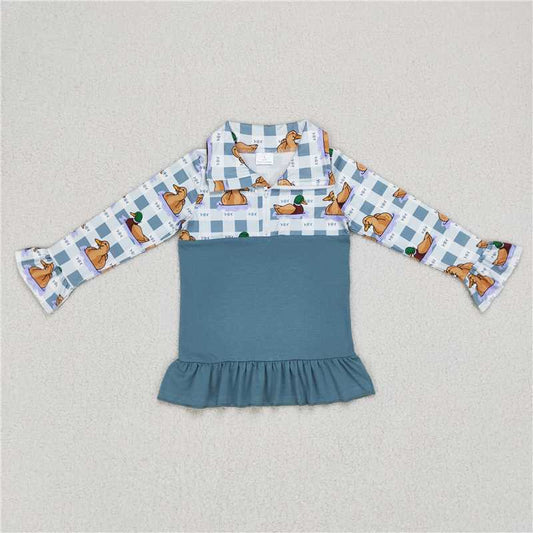 5.22 RTS NO MOQ Baby Girls Long Sleeve GT0308 Fall Duck Blue Checkered Ruffle Pullovers Tops