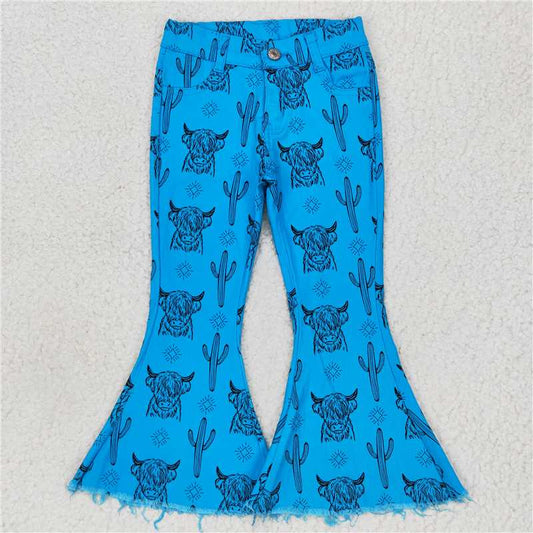 RTS NO MOQ Baby Girls Pants P0281 Blue Highland Cow Cactus Western Denim Bell Pants