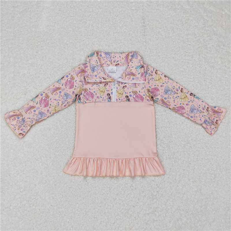 5.22 RTS NO MOQ Baby Girls Long Sleeve GT0297 Pink Princess Ruffle Zip Pullover Tops