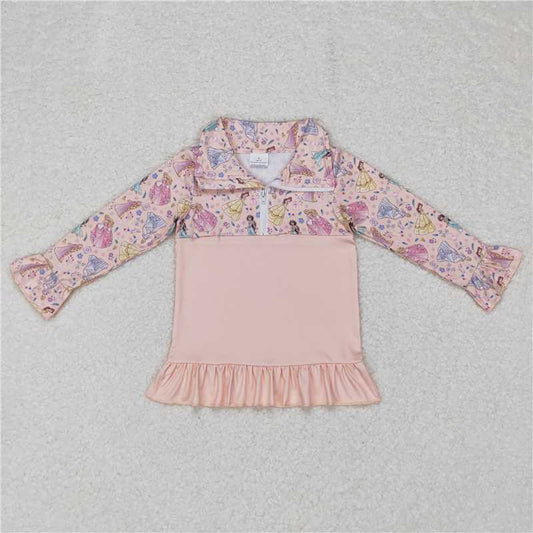 5.22 RTS NO MOQ Baby Girls Long Sleeve GT0297 Pink Princess Ruffle Zip Pullover Tops