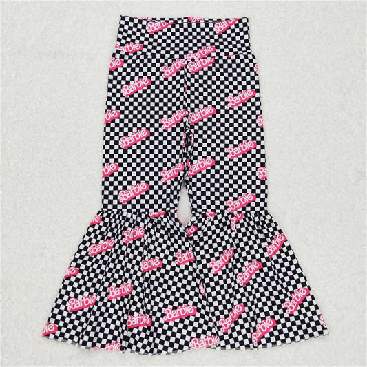 5.23 RTS NO MOQ Baby Girls Long Pants P0316 Black Checked Doll Bell Bottom Pants