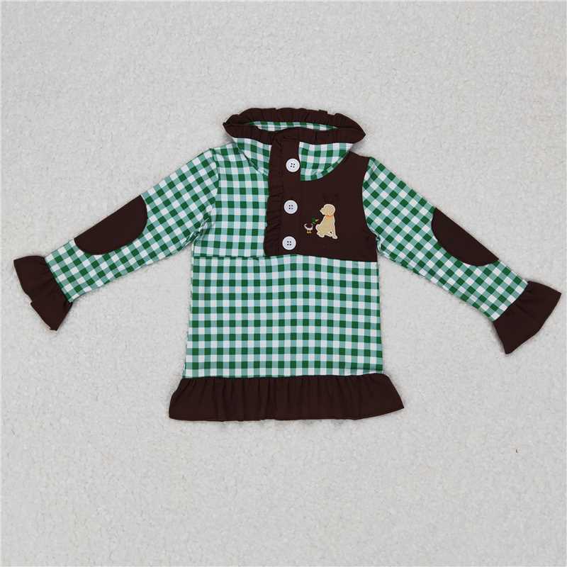 5.22 RTS NO MOQ Baby Girls Long Sleeve GT0284 Hunting Green Checkered Long Sleeve Elbow Pullover Tee Shirt Tops