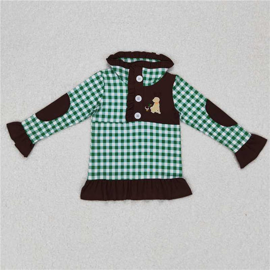 5.22 RTS NO MOQ Baby Girls Long Sleeve GT0284 Hunting Green Checkered Long Sleeve Elbow Pullover Tee Shirt Tops