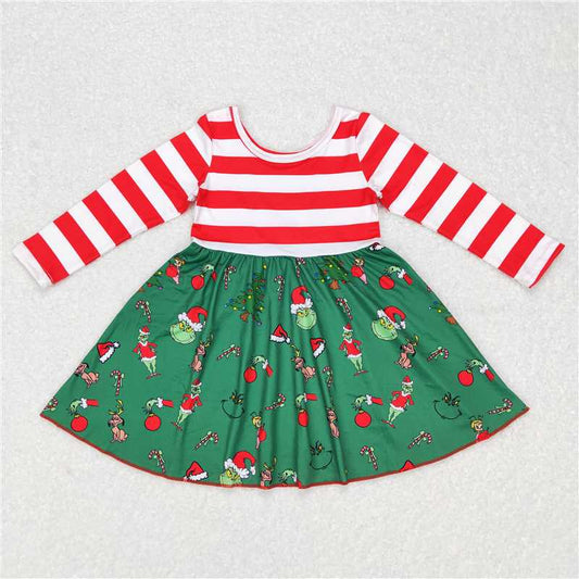 7.5 RTS NO MOQ Baby Girls Long Sleeve GLD0390 Christmas Green Frog Knee Length Dresses