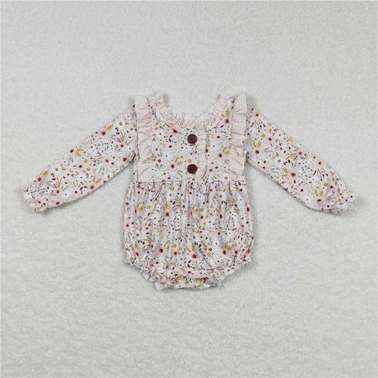 7.28 RTS NO MOQ Baby Girls Bodysuit LR0769 Pink Small Flowers Long Sleeve Rompers