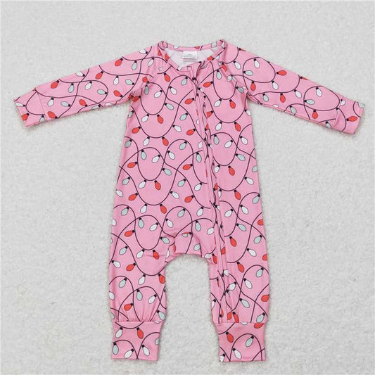 7.28 RTS NO MOQ Baby Girls Bodysuit LR0757 Pink Christmas Lights Long Sleeve Zip Rompers