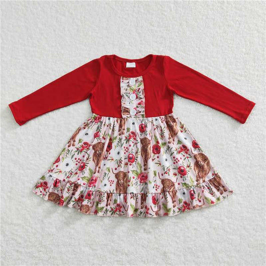 6.18 RTS NO MOQ Baby Girls Long Sleeve GLD0322 Christmas Ruffle Cows Knee Length Dresses