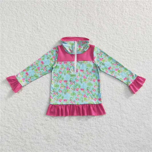 5.22 RTS NO MOQ Baby Girls Long Sleeve GT0299 Hot Pink Ruffle Floral Zip Pullover Tops