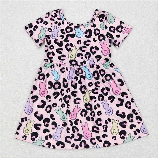8.2 RTS NO MOQ Summer Baby Girls Dresses GSD0508 Pink Easter Leopard Bunny Knee Length Dresses