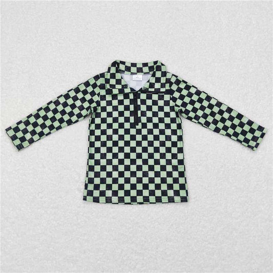 6.30 RTS NO MOQ Baby Boys Long Sleeve BT0399 Green Checkered Long Sleeve Zip Pullovers Tops