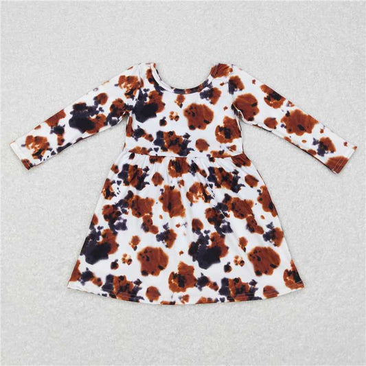 6.18 RTS NO MOQ Baby Girls Long Sleeve GLD0226 Western Cowhide Knee Length Dresses