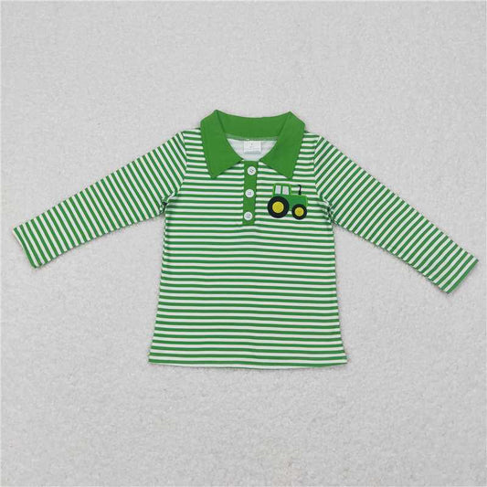 6.30 RTS NO MOQ Baby Boys Long Sleeve BT0405 Green Stripes Tractor Tee Shirts Pullovers Tops