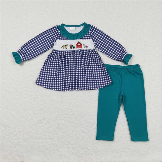 GLP0885 Kids Christmas Girls Embroidery Farm Horse Cow Outfit