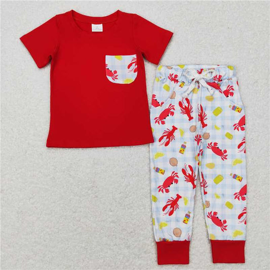7.3 RTS NO MOQ Baby Boys Summer Sets BSPO0189 Red Short Sleeve Pocket Top Crawfish Pants Clothing Sets