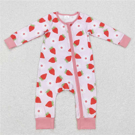 7.28 RTS NO MOQ Baby Girls Bodysuit LR0795 Pink Strawberry Long Sleeve Zip Rompers