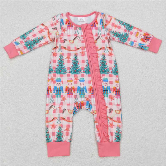 7.28 RTS NO MOQ Baby Girls Bodysuit LR0665 Christmas Pink Horse Ruffle Zip Long Sleeve Rompers