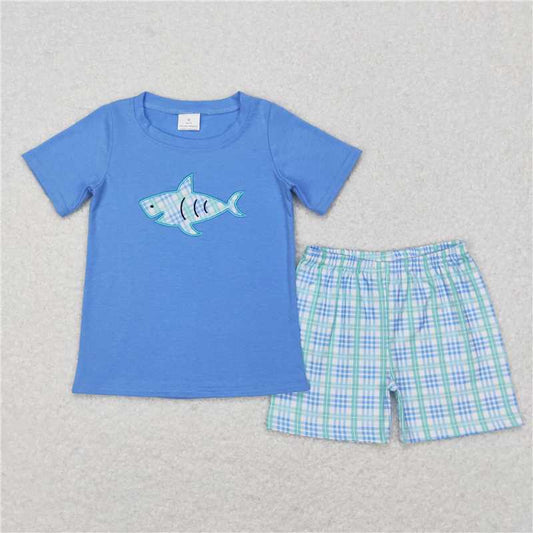 RTS NO MOQ Baby Boys kids Summer Sets BSSO0284 Blue Shark Short Sleeve Top Shorts Clothing Sets