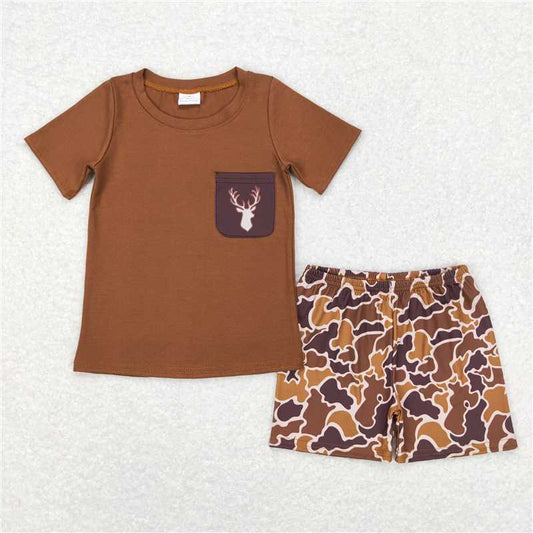 RTS NO MOQ Baby Boys kids Summer Sets BSSO0302 Brown Camo Deer Pocket Shirt Shorts Clothes Sets