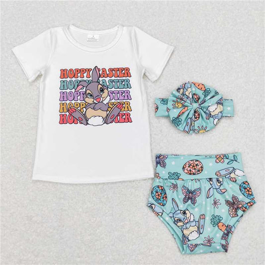 RTS NO MOQ Baby Girls Summer Outifts GBO0196 Hoppy Easter Rabbit Floral Top Bummie Sets