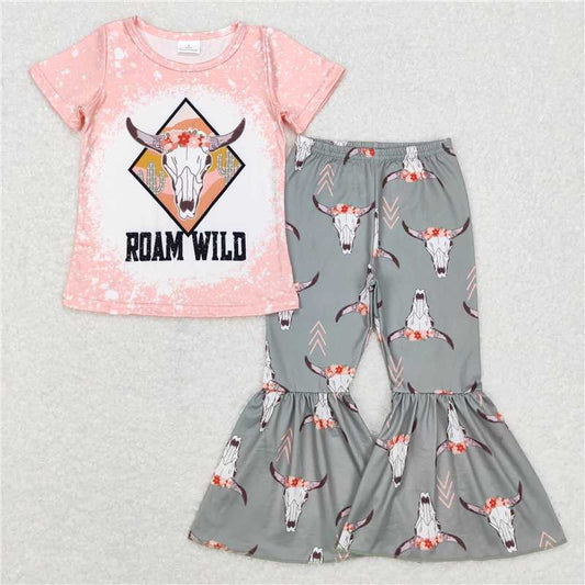 GSPO0914 Baby Girls Cow Skull Cactus Short Sleeve Tee Shirts Bell Pants Clothes Sets