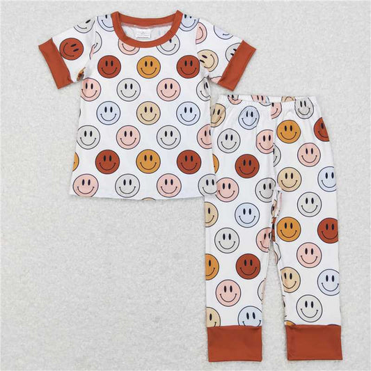 7.3 RTS NO MOQ Baby Boys Summer Sets BSPO0225 Brown Smile Short Sleeve Shirt Pants Pajamas Clothes Sets