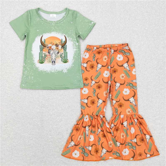 GSPO0990 Baby Girls Western Cow Cactus Tee Flowers Bell Pants Clothes Sets