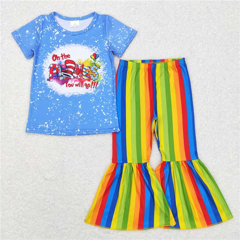 GSPO0924 Baby Girls Dr Reading Shirt Bell Rainbow Stripes Pants Clothes Sets