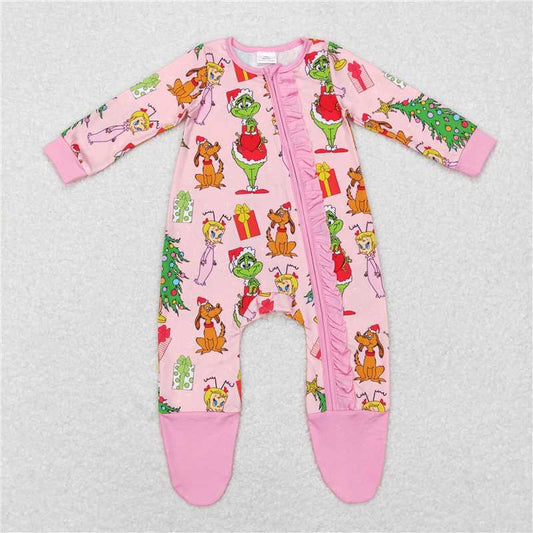 7.28 RTS NO MOQ Baby Girls Bodysuit LR0806 Christmas Pink Frog Long Sleeve Zip Rompers