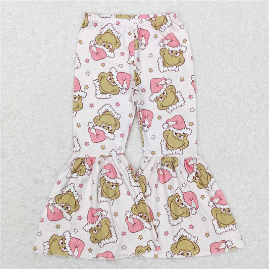 7.18 RTS NO MOQ Baby Girls Long Pants P0312 Pink Christmas Frog Bell Bottom Pants