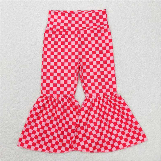 7.18 RTS NO MOQ Baby Girls Long Pants P0340 Pink Checkered Valentines Bell Bottom Pants