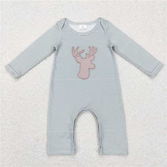 7.7 RTS NO MOQ Baby Boys Bodysuit LR0694 Deer Camp Stripes Long Sleeve Rompers
