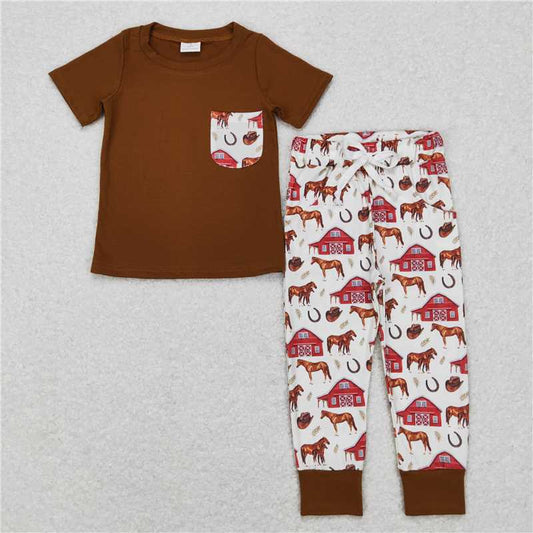 7.3 RTS NO MOQ Baby Boys Summer Sets BSPO0207 Farm Horse Pocket Shirt Pants Clothes Sets