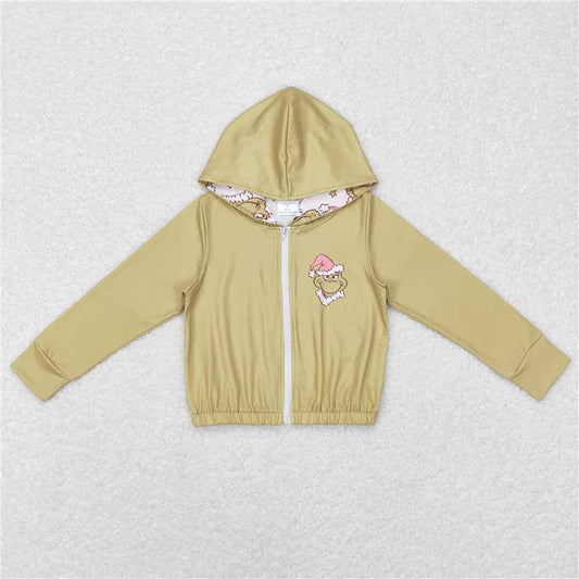 5.22 RTS NO MOQ Baby Girls Long Sleeve GT0339 Green Christmas Face Hooded Zip Tops