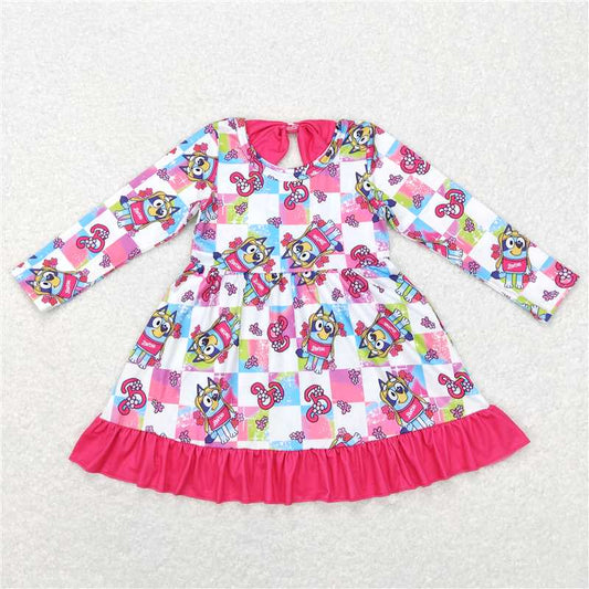 6.13 RTS NO MOQ Baby Girls Long Sleeve GLD0477 Long Sleeve Dog Pink Ruffle Dresses