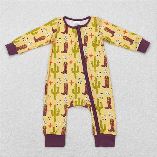 7.7 RTS NO MOQ Baby Boys Bodysuit LR0766 Western Cactus Boots Long Sleeve Zip Rompers