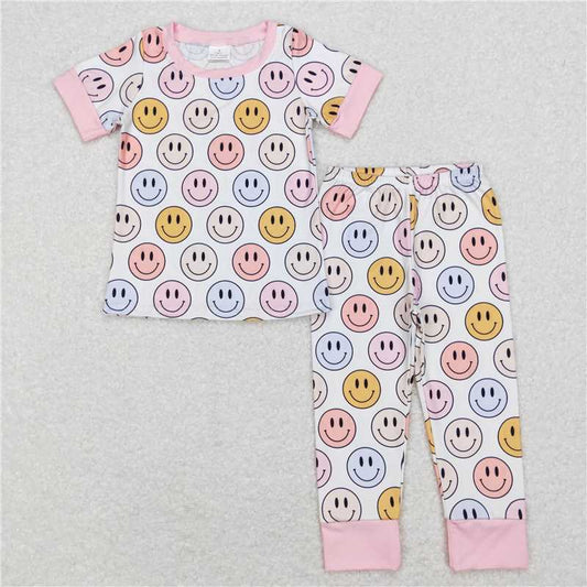 GSPO1078 Baby Girls Pink Smile Short Sleeve Shirt Pants Pajamas Clothes Sets