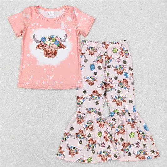 GSPO1055 Baby Girls Easter Highland Cow Eggs Top Bell Pants Clothing Sets