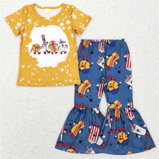 GSPO0965 Baby Girls Baseball Short Sleeve Shirt Bell Pants Clothes Sets