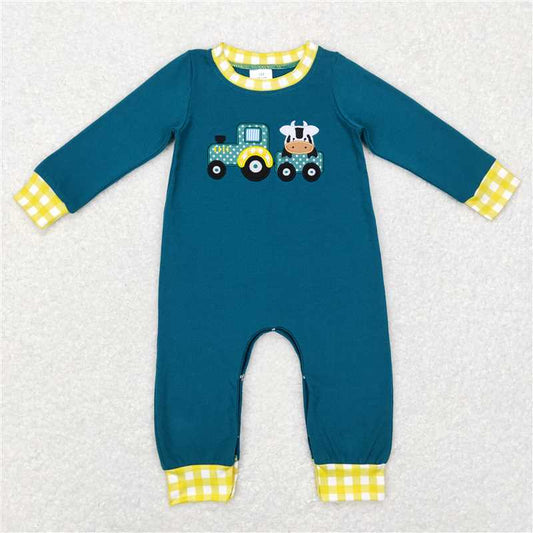 7.7 RTS NO MOQ Baby Boys Bodysuit LR0377 Cow Tractor Farm Green Long Sleeve Rompers