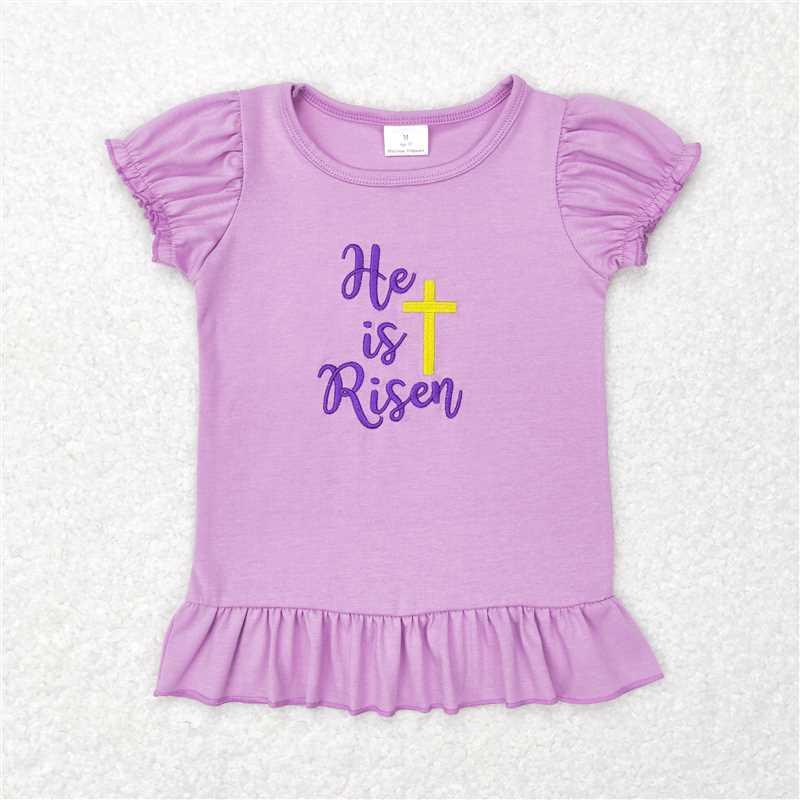 5.20 RTS NO MOQ Summer Baby Girls Short Sleeve GT0393 He Is Risen Cross Easter Lavender Puffy Short Sleeve Shirt Tops