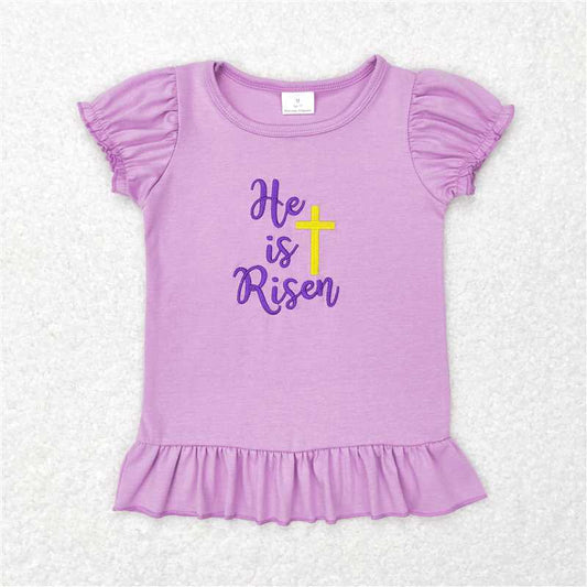 5.20 RTS NO MOQ Summer Baby Girls Short Sleeve GT0393 He Is Risen Cross Easter Lavender Puffy Short Sleeve Shirt Tops