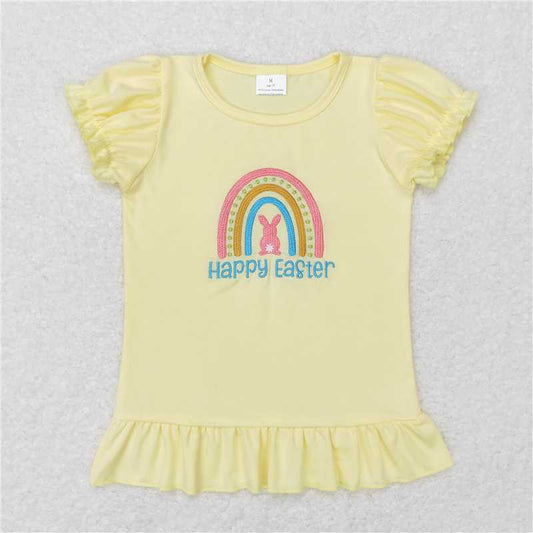5.20 RTS NO MOQ Summer Baby Girls Short Sleeve GT0392 Easter Ranibow Yellow Puffy Short Sleeve Shirt Tops