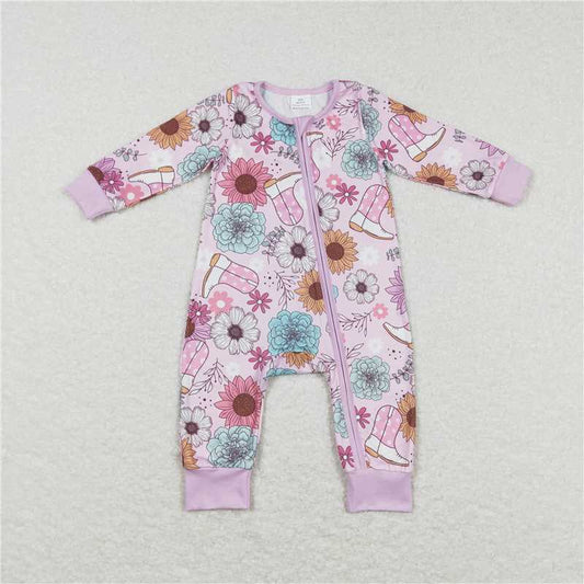 7.28 RTS NO MOQ Baby Girls Bodysuit LR0801 Pink Flowers Boots Western Long Sleeve Zip Rompers