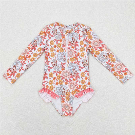 Baby Girls Long Sleeve One-piece Floral Swimsuits