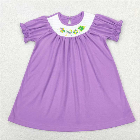 8.1 RTS NO MOQ Summer Baby Girls Dresses GSD0502 Mardi Gras Purple Cotton Smocked Dresses