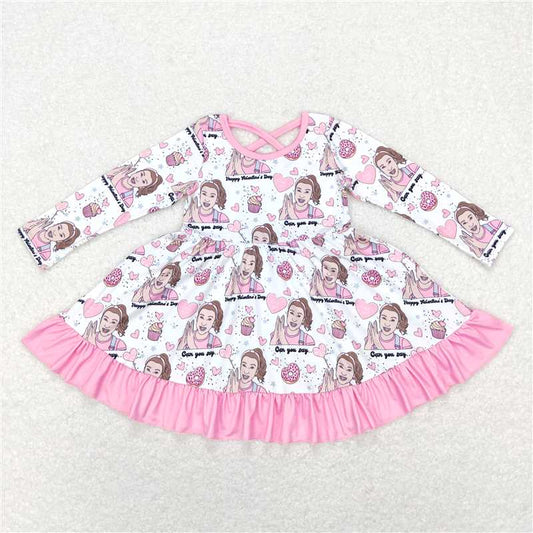 6.13 RTS NO MOQ Baby Girls Long Sleeve GLD0504 Teacher Pink Ruffle Knee Length Dresses