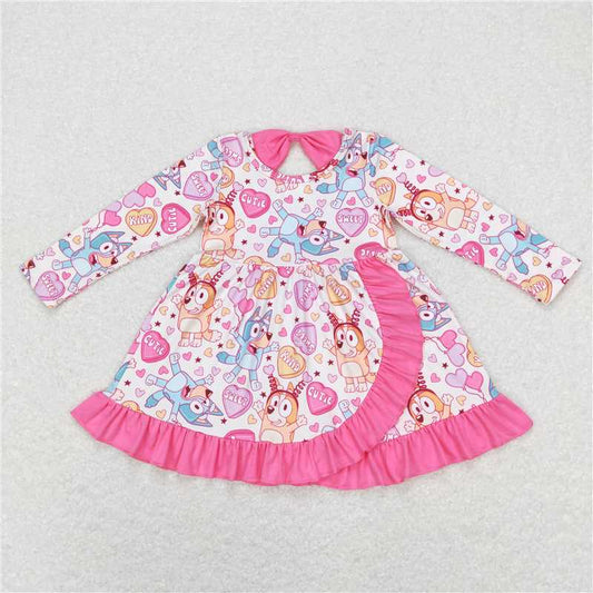 6.13 RTS NO MOQ Baby Girls Long Sleeve GLD0497 Valentines Dogs Ruffle Knee Length Dresses