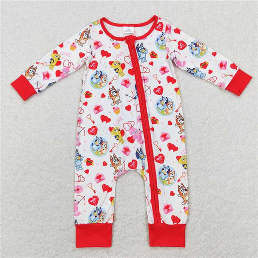 7.26 RTS NO MOQ Baby Girls Bodysuit LR0908 Valentines Red Dogs Long Sleeve Zip Rompers