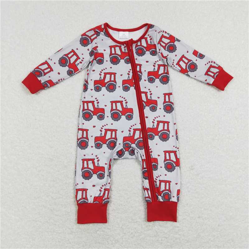 7.7 RTS NO MOQ Baby Boys Bodysuit LR0887 Valentine's  Red Tractors Long Sleeve Zip Rompers
